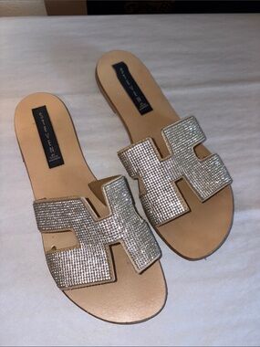Steve Madden Crystal Embellished Tan Slide Sandals